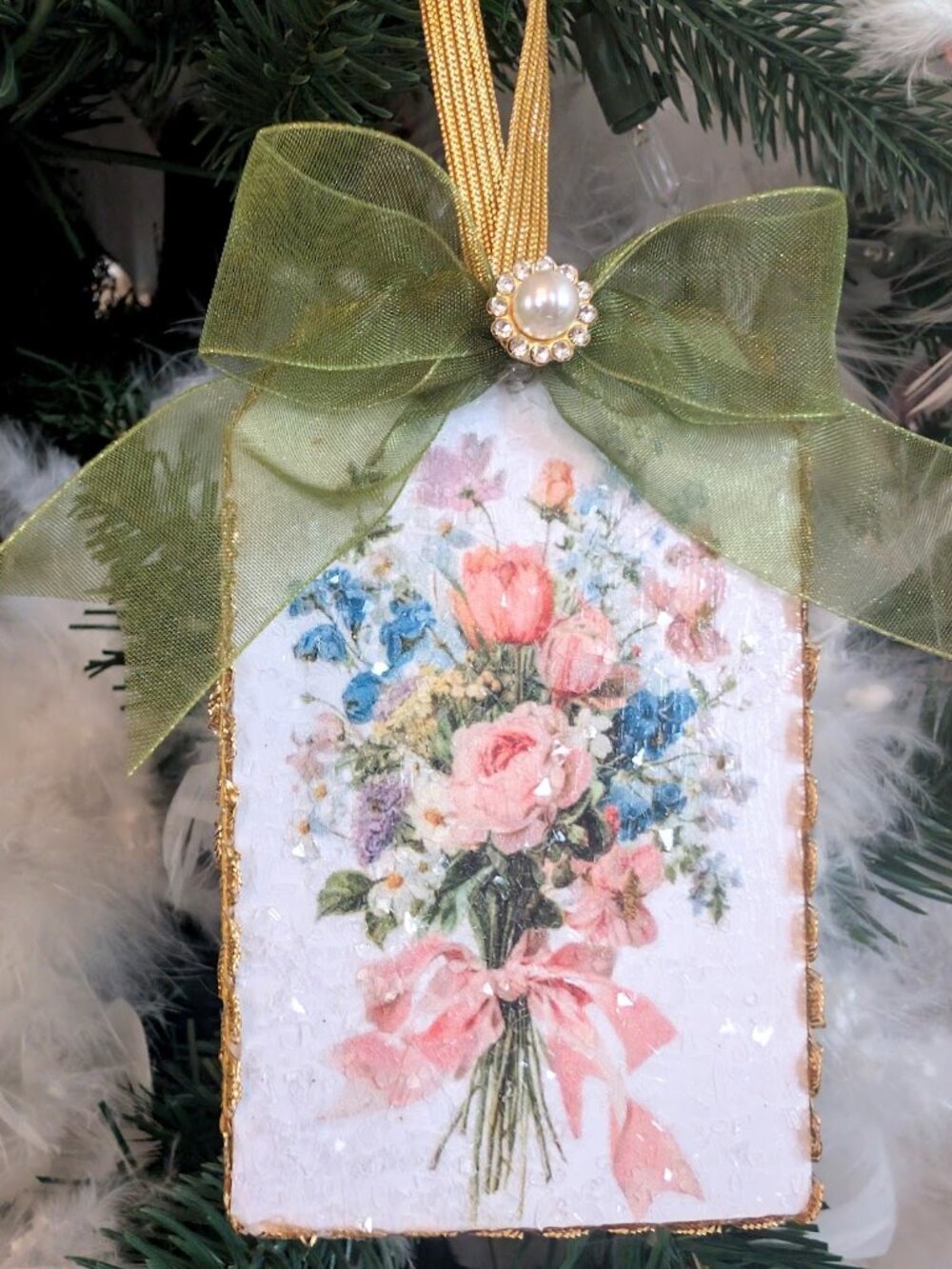 Pink Roses Bouquet Glass Glitter Decoupage Christmas Ornament Victorian Shabby